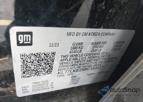 2024 Chevrolet Trax Fwd Activ из США, поврежденный, VIN KL77LKE25RC164817